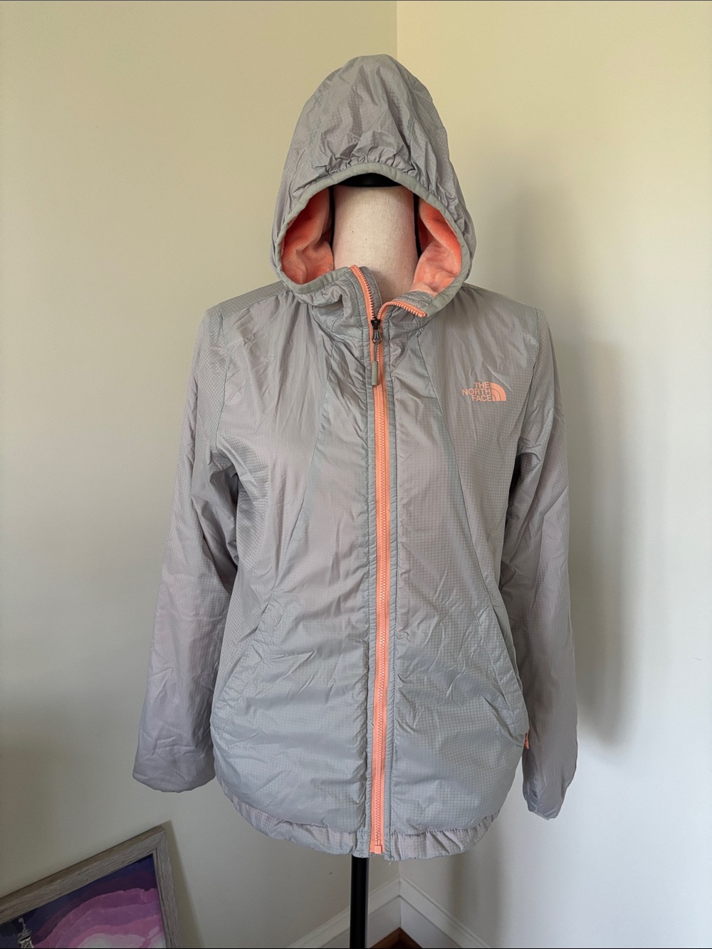 The North Face Women’s Light Gray Hooded Jacket with Coral Trim